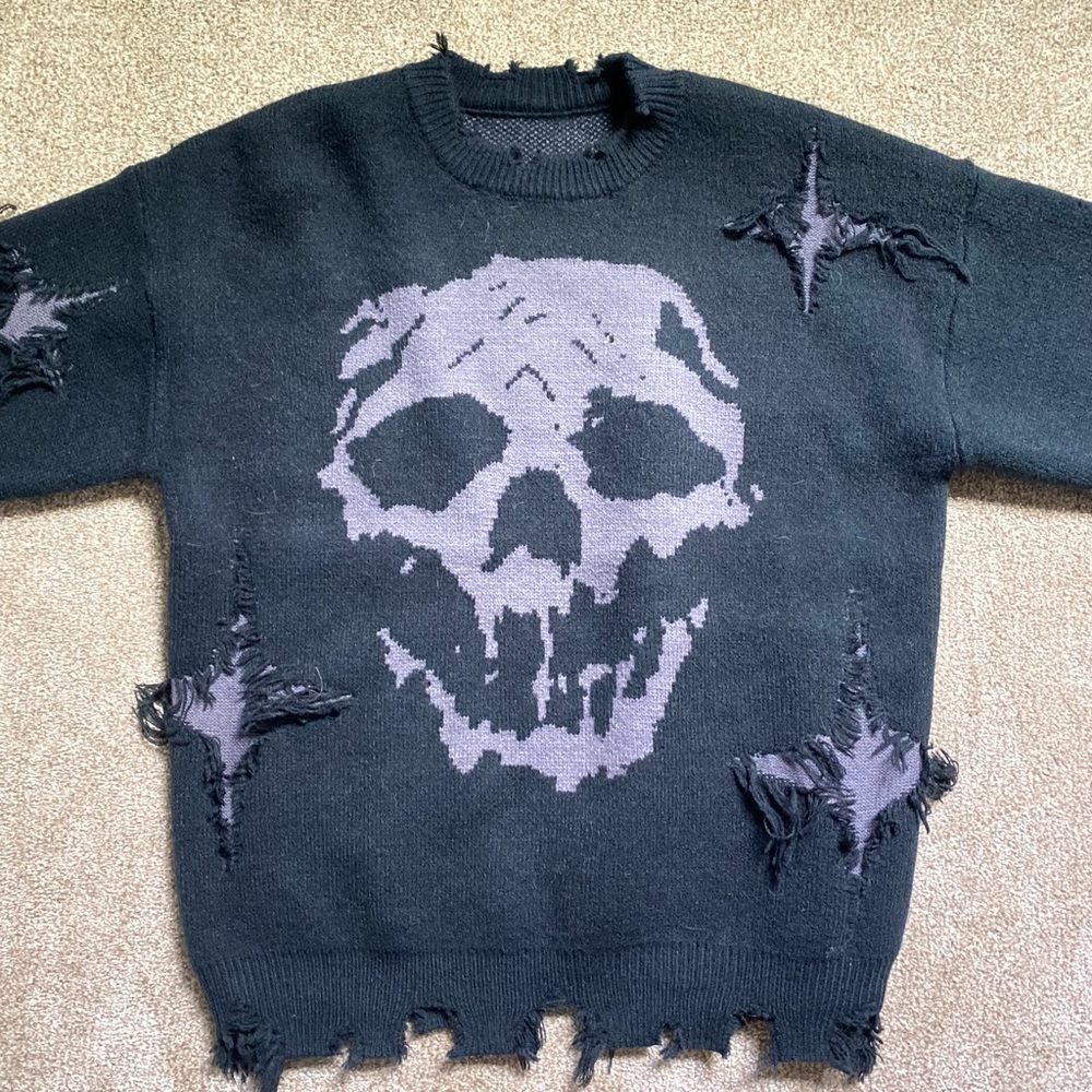 Distressed Crewneck Sweater with Skull Design